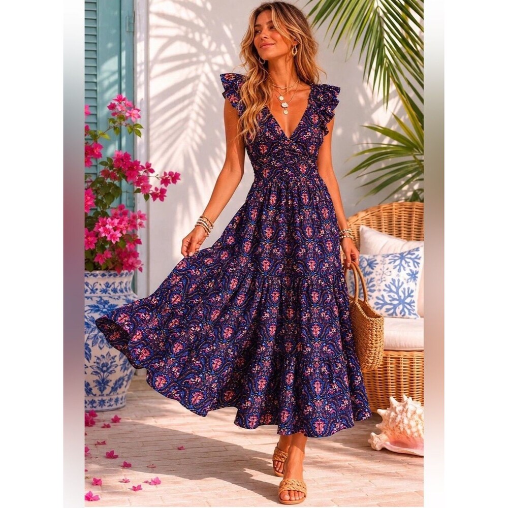 New Caroline Constas Navy Pansy Ruffle Tiered Smocked Maxi Dress XS